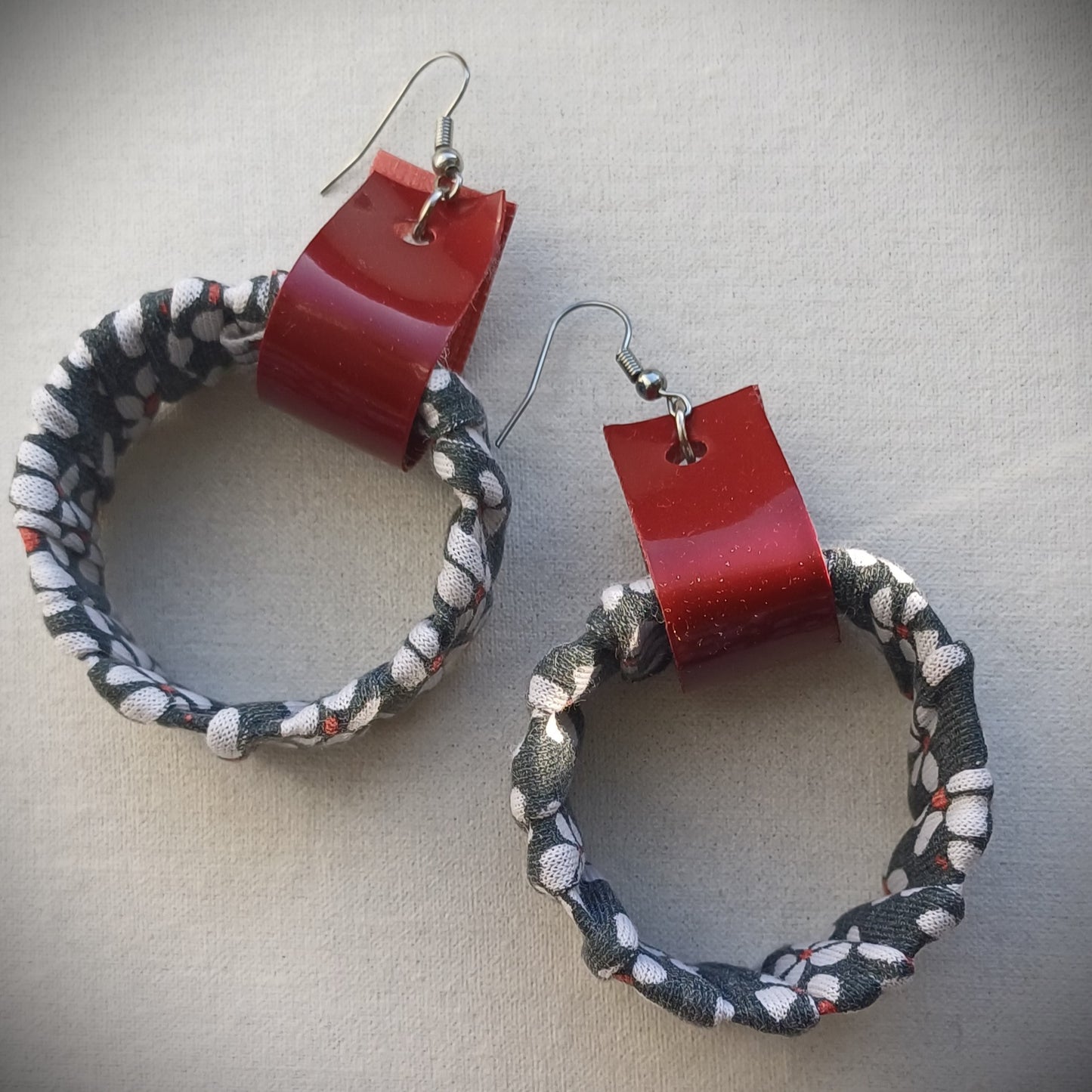 Gray Flowery Upcycled Halo Hoops Ecofriendly Earrings From Upcycled Fabric for Sustainable Fashion