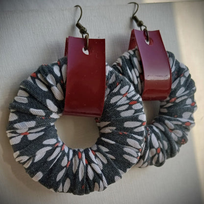 Gray Flowery Ecofriendly Earrings ReviveWeave Hoops Upcycled Jewelry