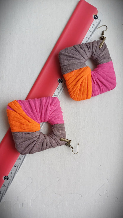 Orange, Gray and Pink Ecofriendly Earrings ReviveWeave Jumbo Squares Upcycled Jewelry