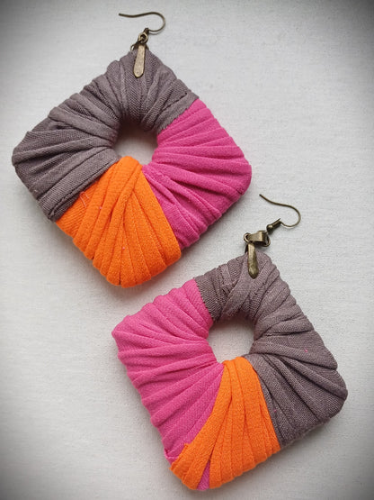Orange, Gray and Pink Ecofriendly Earrings ReviveWeave Jumbo Squares Upcycled Jewelry