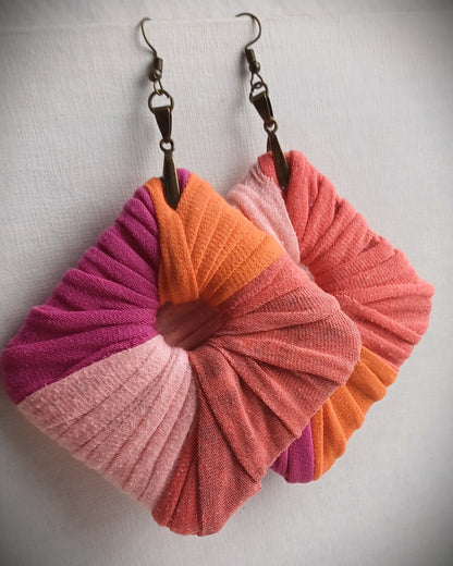 Peach Fuzz, Orange, and Pink Ecofriendly Earrings ReviveWeave Jumbo Squares Upcycled Jewelry