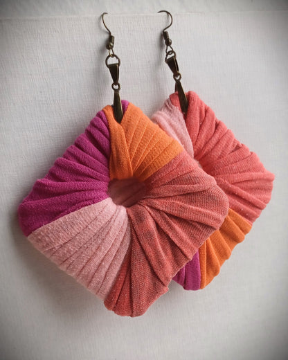 Peach Fuzz, Orange, and Pink Ecofriendly Earrings ReviveWeave Jumbo Squares Upcycled Jewelry