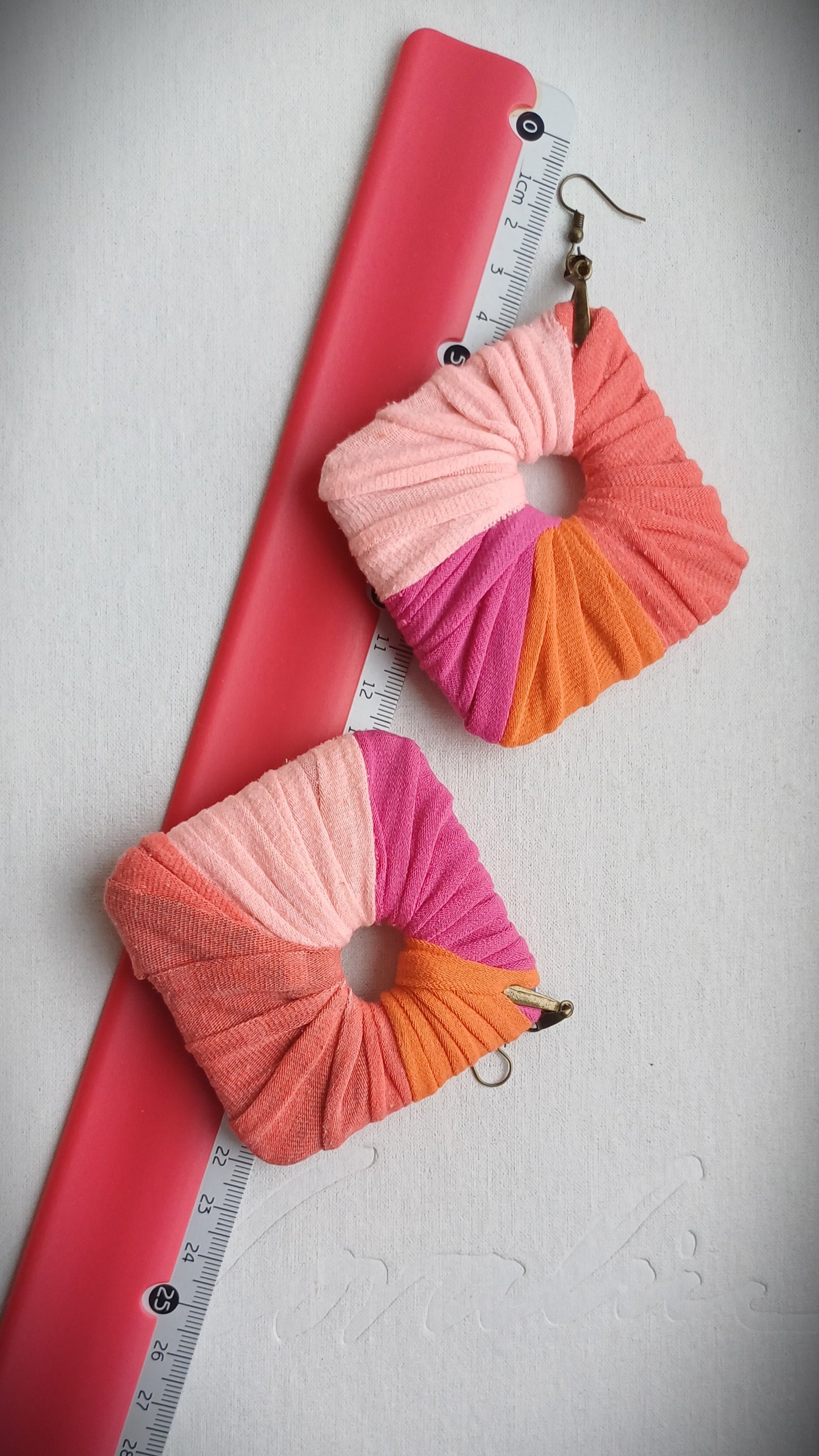 Peach Fuzz, Orange, and Pink Ecofriendly Earrings ReviveWeave Jumbo Squares Upcycled Jewelry