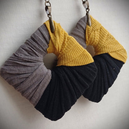 Gray, Black and Yellow Ecofriendly Earrings ReviveWeave Jumbo Squares Upcycled Jewelry