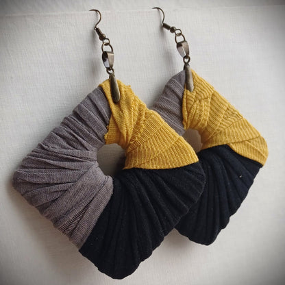 Gray, Black and Yellow Ecofriendly Earrings ReviveWeave Jumbo Squares Upcycled Jewelry