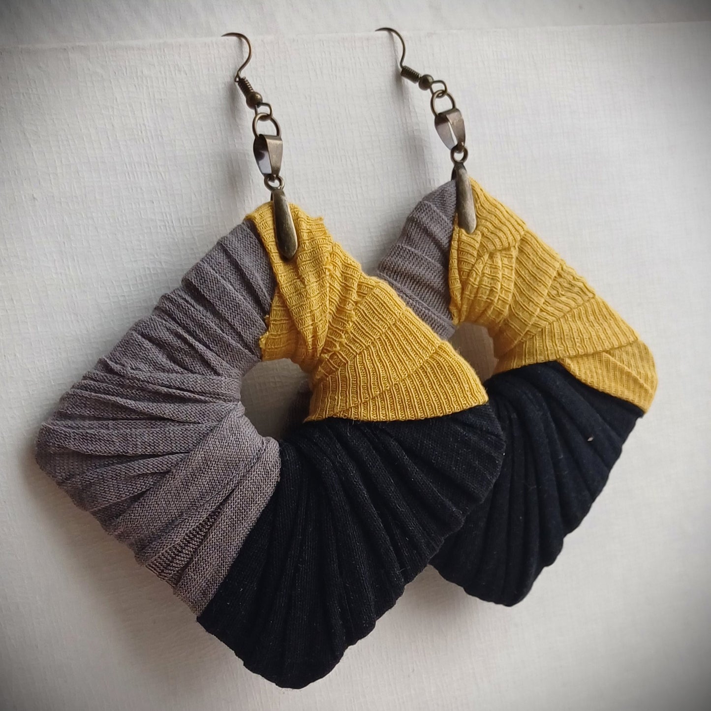 Gray, Black and Yellow Ecofriendly Earrings ReviveWeave Jumbo Squares Upcycled Jewelry