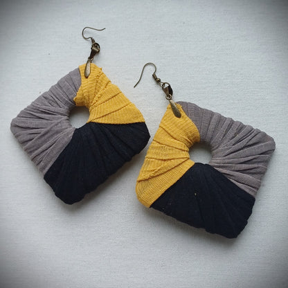 Gray, Black and Yellow Ecofriendly Earrings ReviveWeave Jumbo Squares Upcycled Jewelry