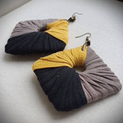 Gray, Black and Yellow Ecofriendly Earrings ReviveWeave Jumbo Squares Upcycled Jewelry