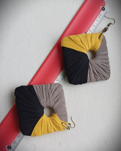 Gray, Black and Yellow Ecofriendly Earrings ReviveWeave Jumbo Squares Upcycled Jewelry