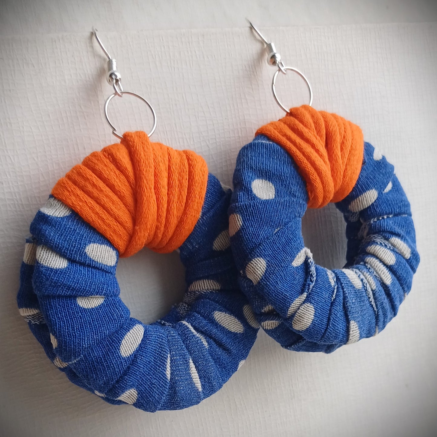 Blue Orange Polka ReviveWeave Hoops Ecofriendly Earrings Upcycled Jewelry