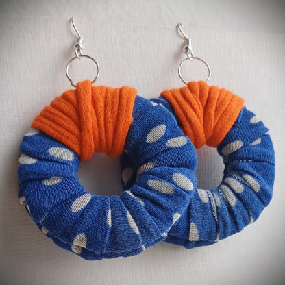 Blue Orange Polka ReviveWeave Hoops Ecofriendly Earrings Upcycled Jewelry