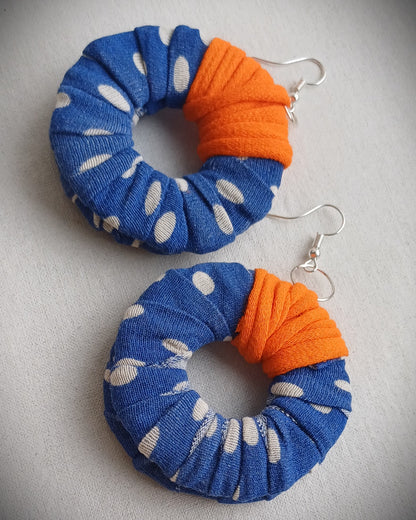 Blue Orange Polka ReviveWeave Hoops Ecofriendly Earrings Upcycled Jewelry