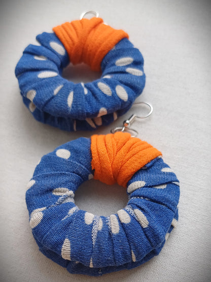 Blue Orange Polka ReviveWeave Hoops Ecofriendly Earrings Upcycled Jewelry