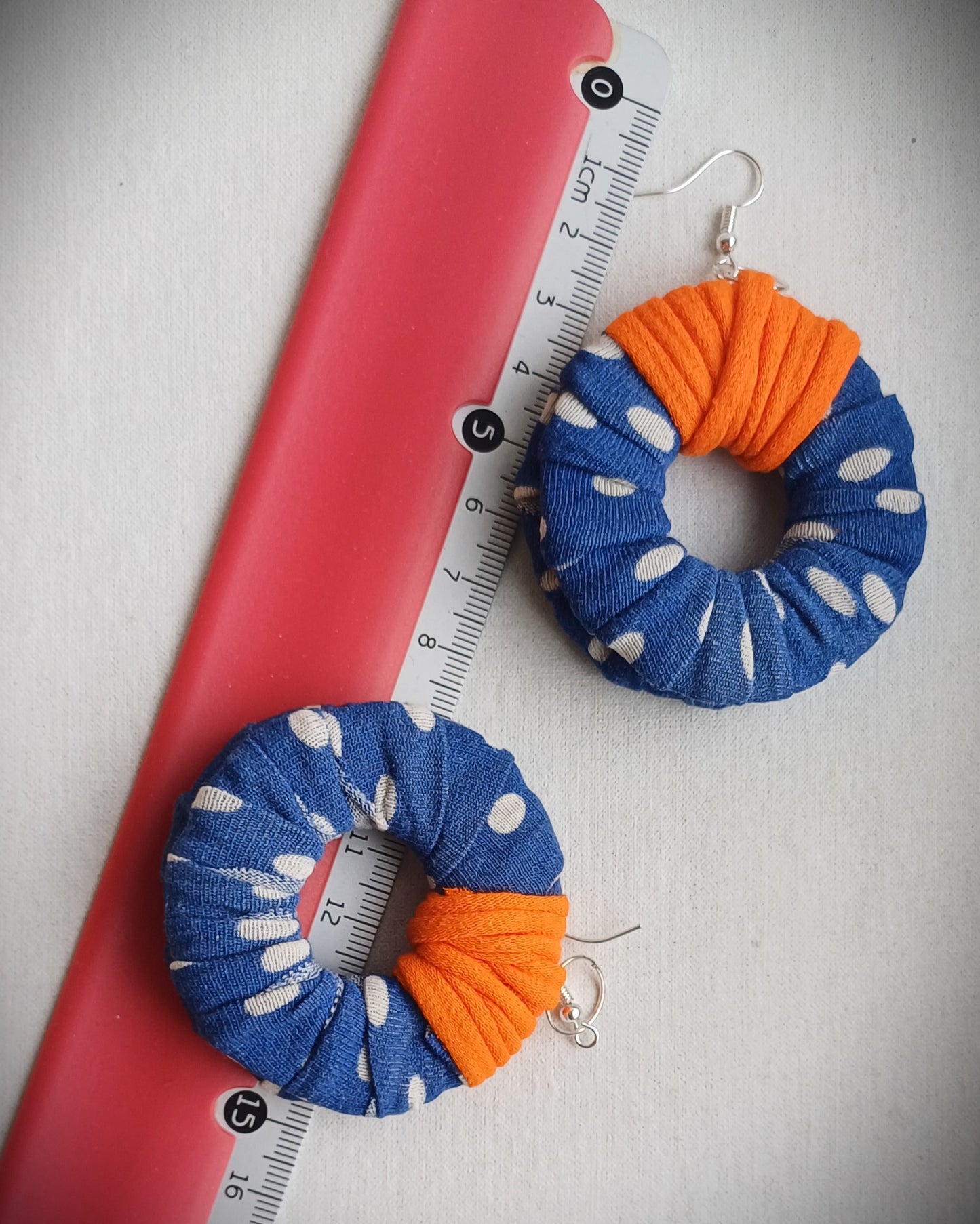 Blue Orange Polka ReviveWeave Hoops Ecofriendly Earrings Upcycled Jewelry