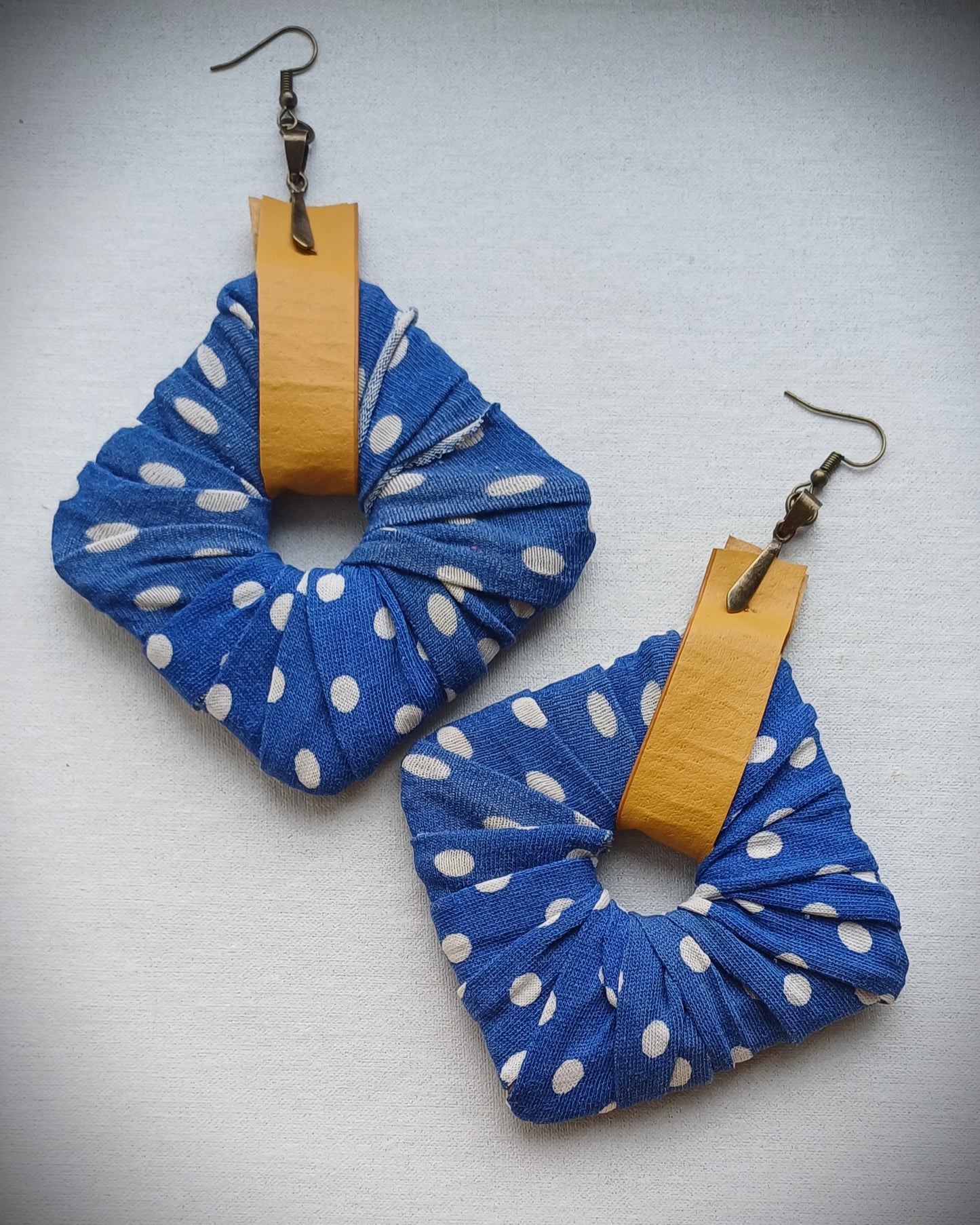 Blue Polka Dots and Yellow Ecofriendly Earrings ReviveWeave Jumbo Squares Upcycled Jewelry