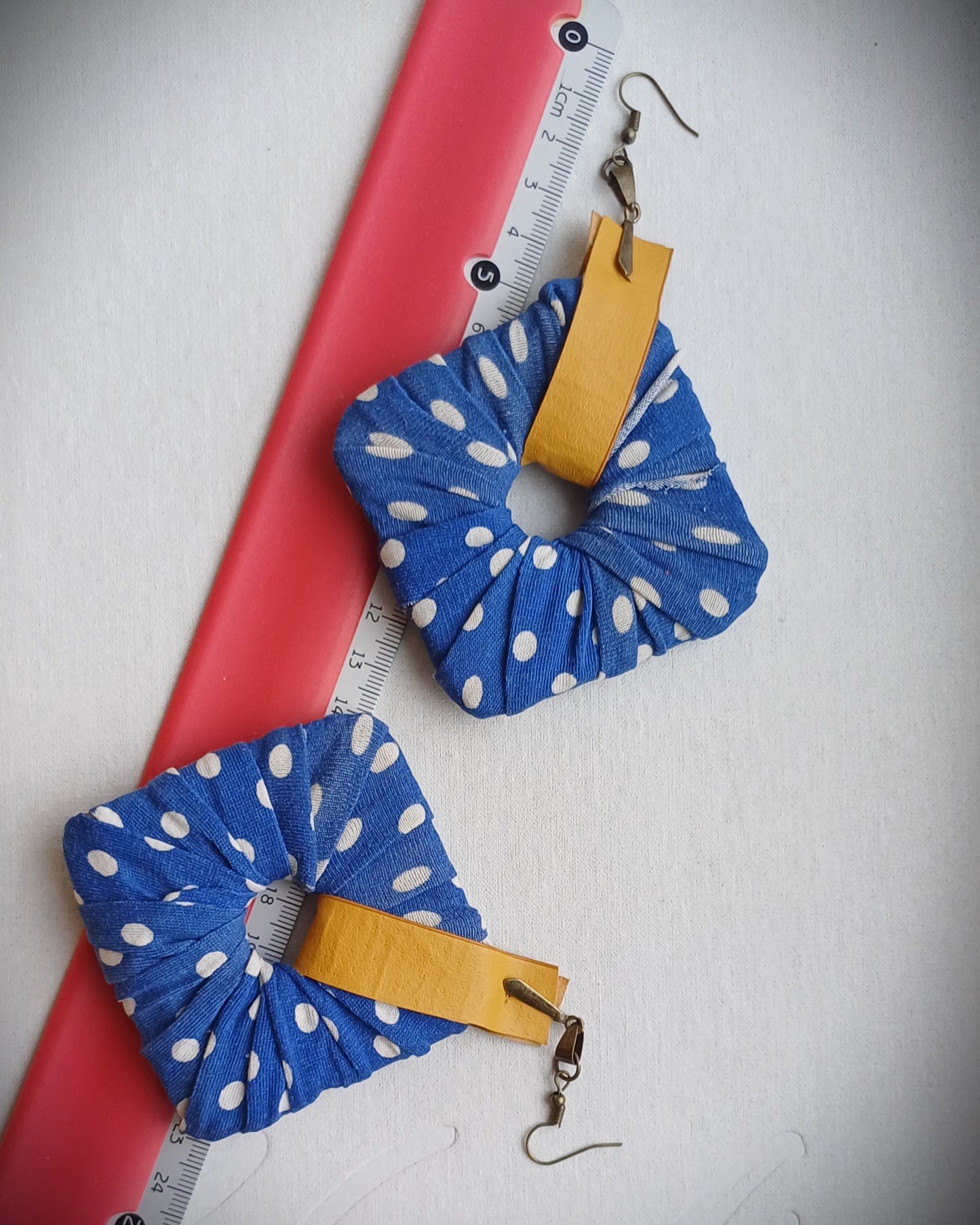 Blue Polka Dots and Yellow Ecofriendly Earrings ReviveWeave Jumbo Squares Upcycled Jewelry