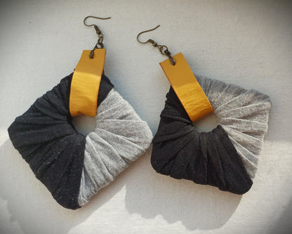 Black and Yellow Ecofriendly Earrings ReviveWeave Jumbo Squares Upcycled Jewelry