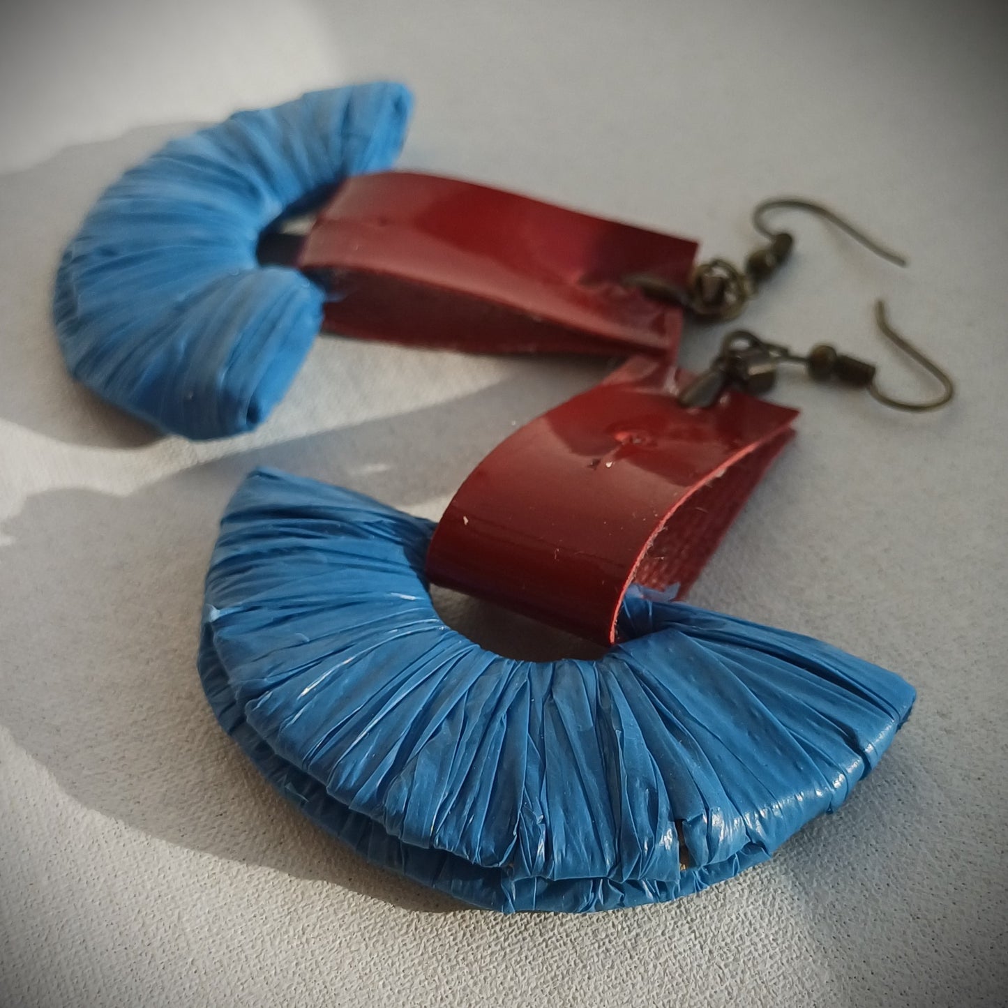 Blue and Red Ecofriendly Earrings From Upcycled Plastic Bags for Sustainable Fashion