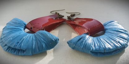 Blue and Red Ecofriendly Earrings From Upcycled Plastic Bags for Sustainable Fashion