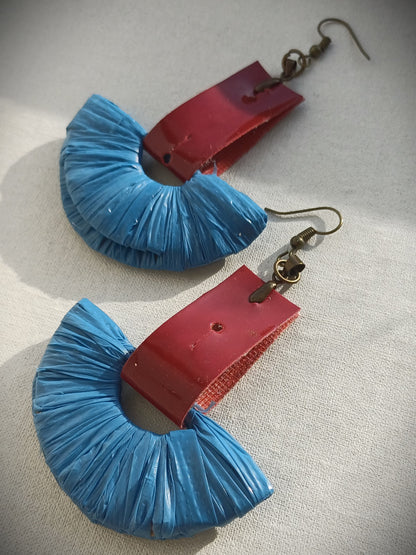 Blue and Red Ecofriendly Earrings From Upcycled Plastic Bags for Sustainable Fashion