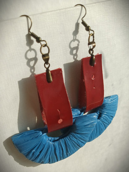 Blue and Red Ecofriendly Earrings From Upcycled Plastic Bags for Sustainable Fashion