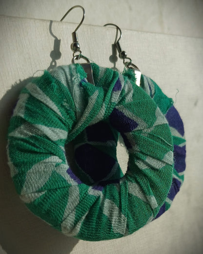 Green and Blue Geometrical Print Ecofriendly Earrings ReviveWeave Hoops Upcycled Jewelry