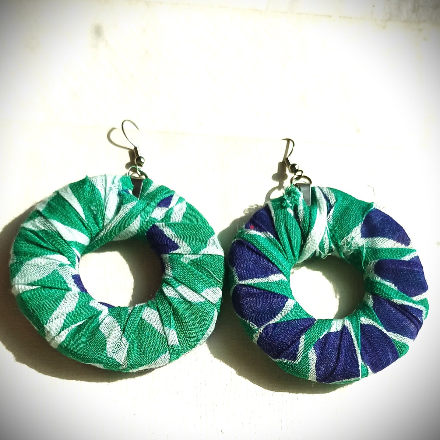 Green and Blue Geometrical Print Ecofriendly Earrings ReviveWeave Hoops Upcycled Jewelry