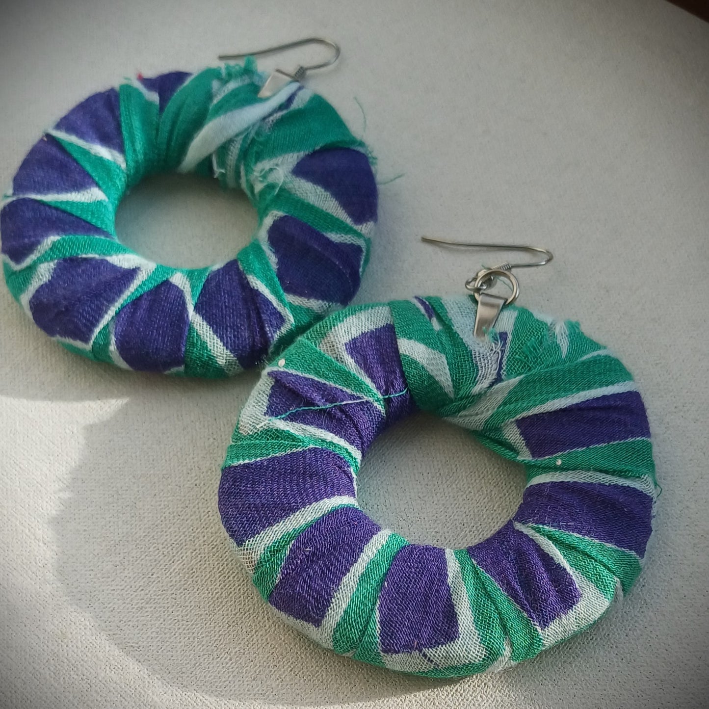 Green and Blue Geometrical Print Ecofriendly Earrings ReviveWeave Hoops Upcycled Jewelry