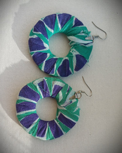 Green and Blue Geometrical Print Ecofriendly Earrings ReviveWeave Hoops Upcycled Jewelry