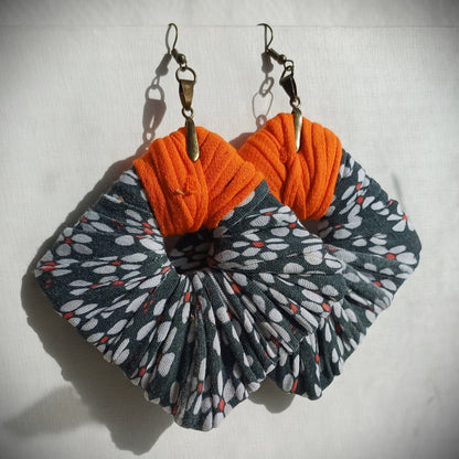 Gray and Orange Flowery ReviveWeave Jumbo Squares - Ecofriendly Earrings Upcycled Jewelry