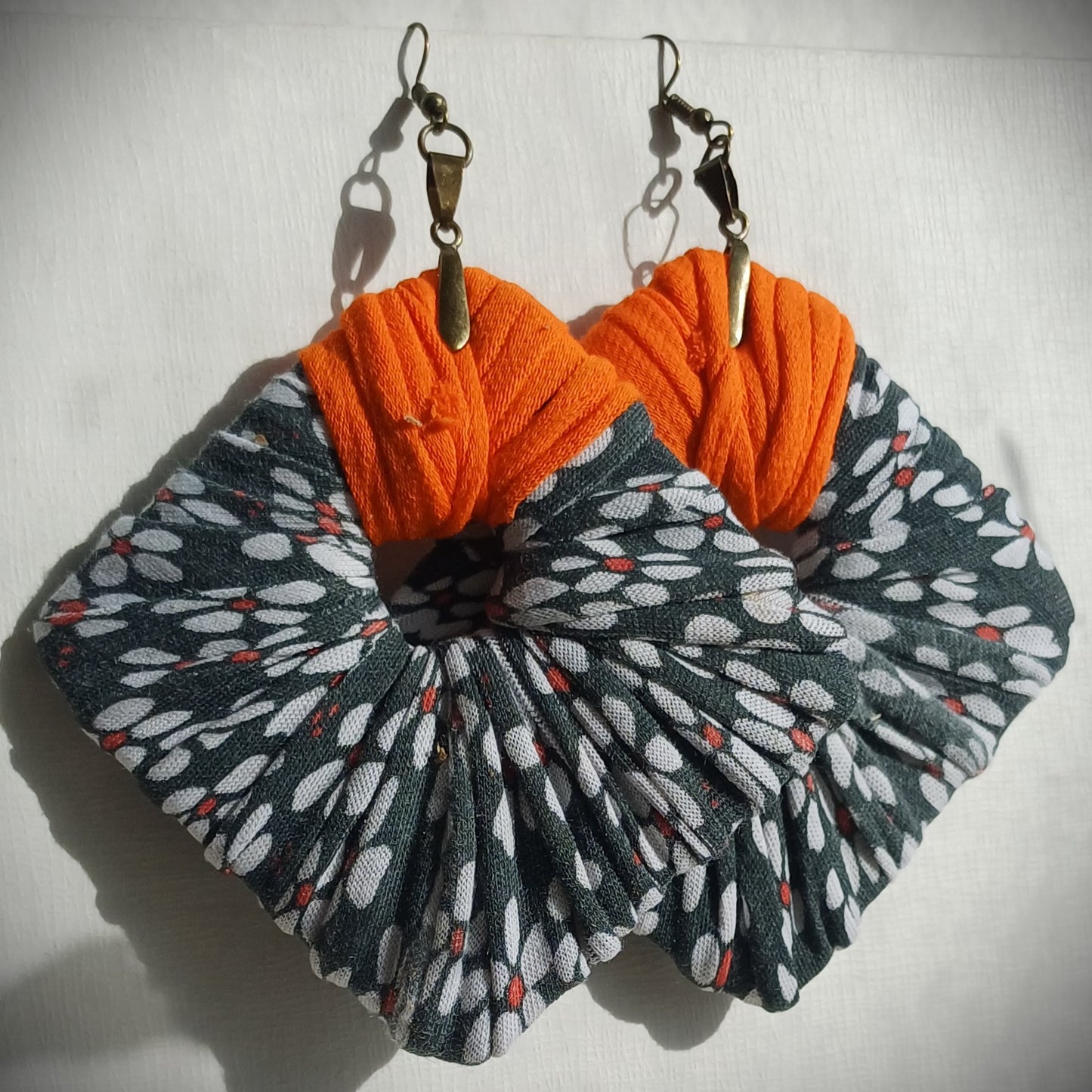 Gray and Orange Flowery ReviveWeave Jumbo Squares - Ecofriendly Earrings Upcycled Jewelry