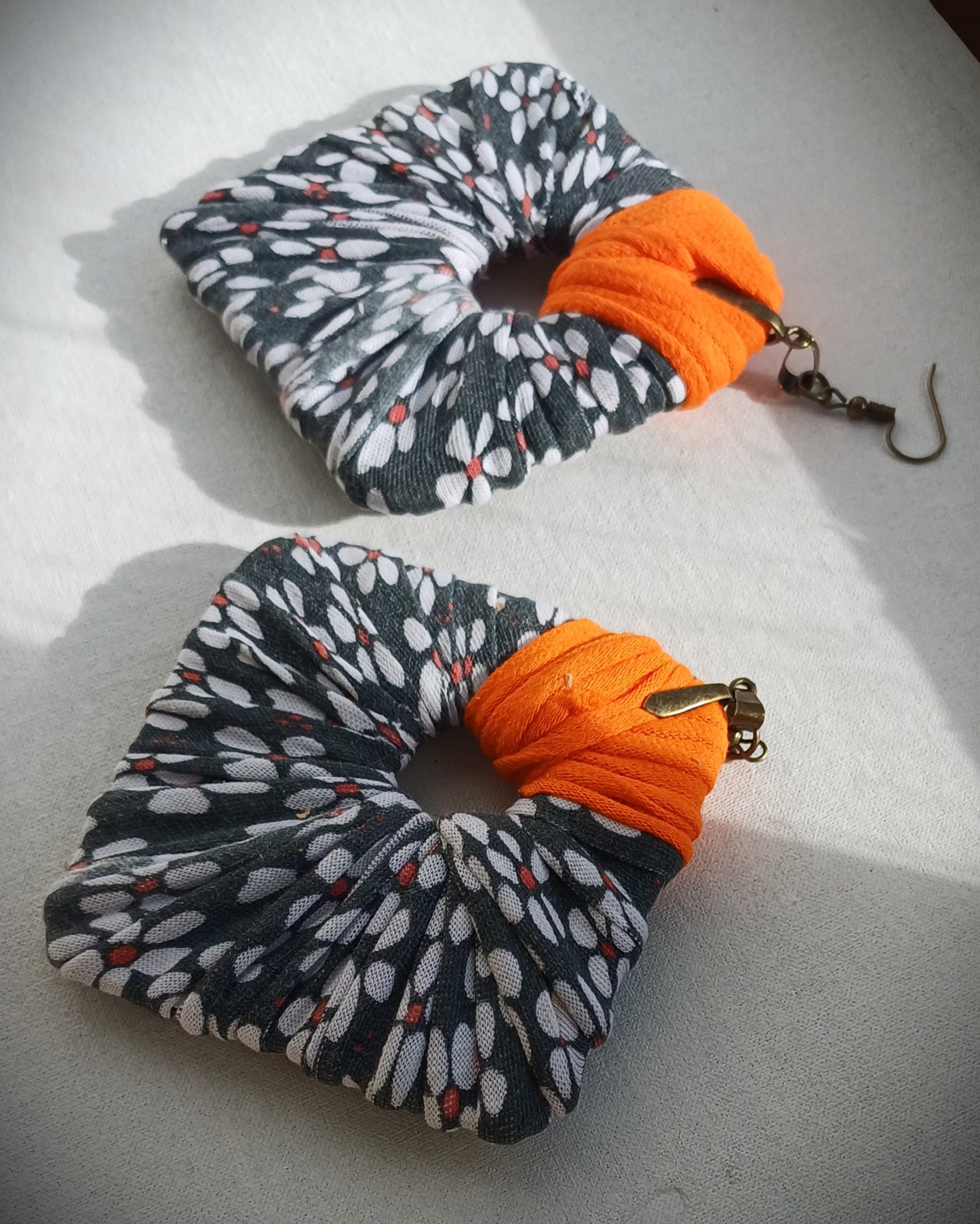 Gray and Orange Flowery ReviveWeave Jumbo Squares - Ecofriendly Earrings Upcycled Jewelry