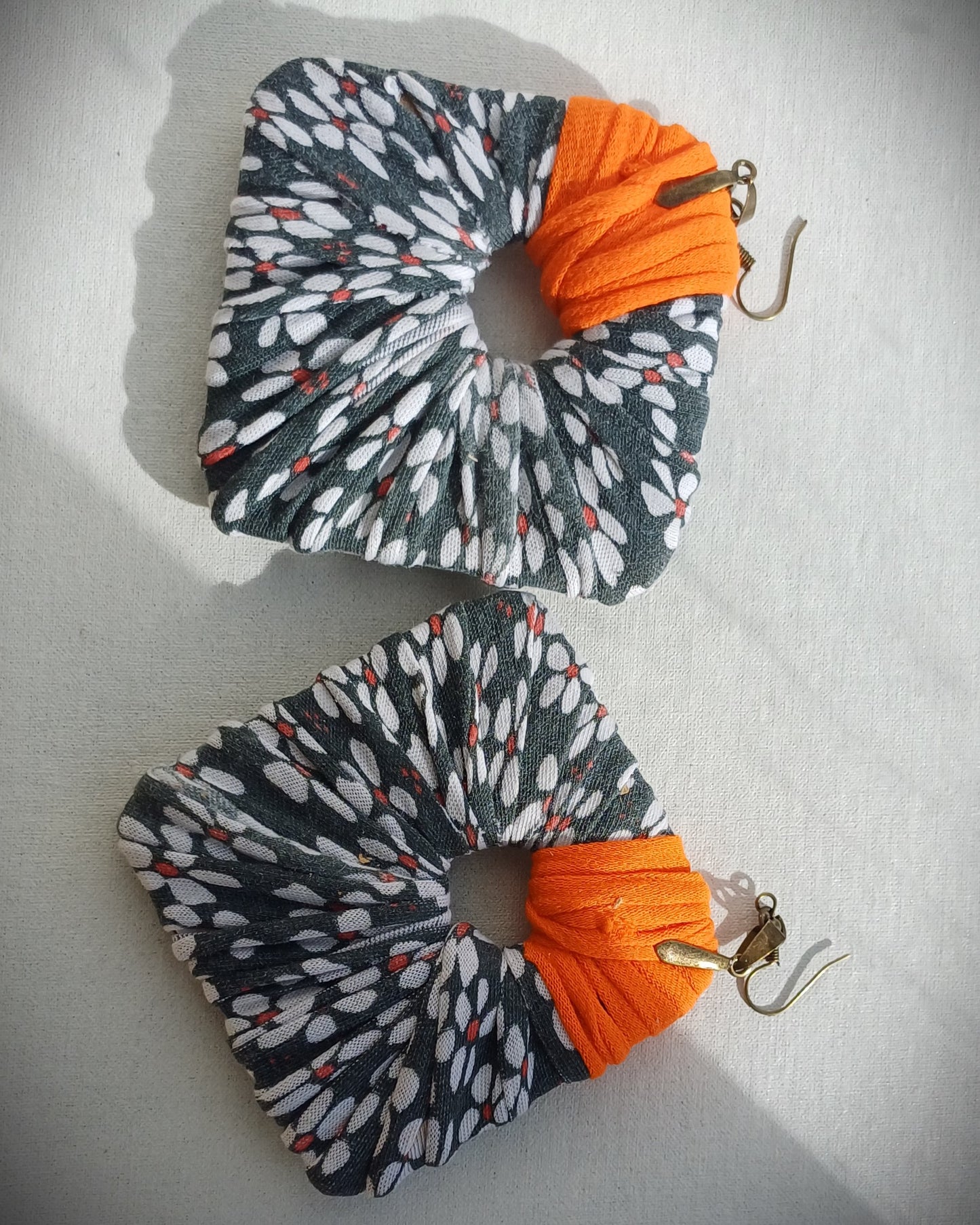 Gray and Orange Flowery ReviveWeave Jumbo Squares - Ecofriendly Earrings Upcycled Jewelry