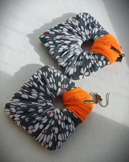 Gray and Orange Flowery ReviveWeave Jumbo Squares - Ecofriendly Earrings Upcycled Jewelry