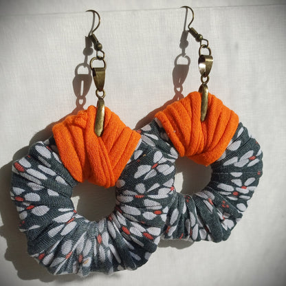 Gray Orange Flowery ReviveWeave PentaHoops - Ecofriendly Earrings Upcycled Jewelry