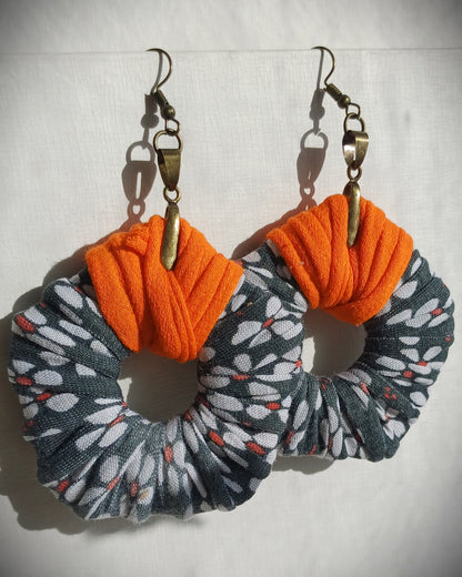 Gray Orange Flowery ReviveWeave PentaHoops - Ecofriendly Earrings Upcycled Jewelry