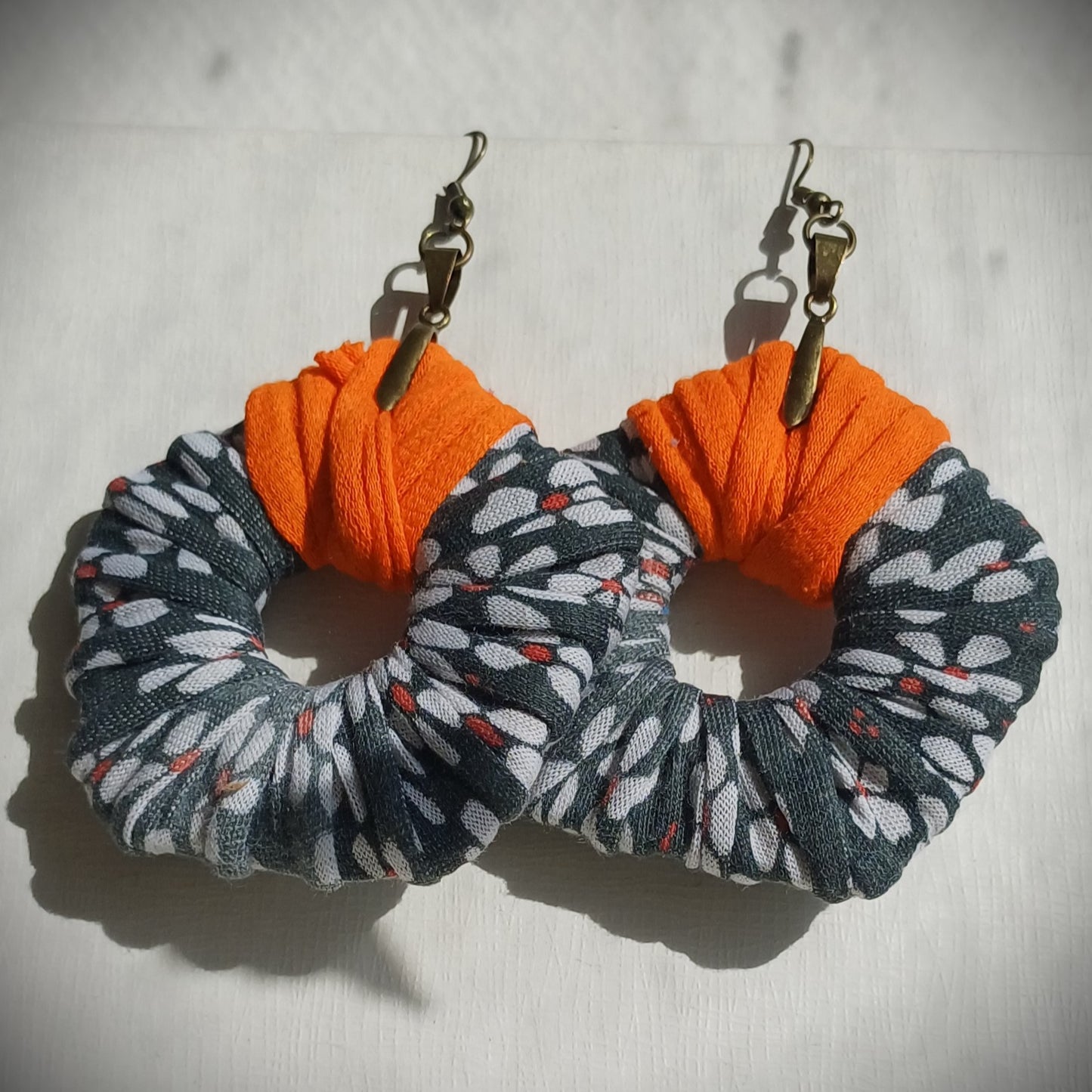 Gray Orange Flowery ReviveWeave PentaHoops - Ecofriendly Earrings Upcycled Jewelry