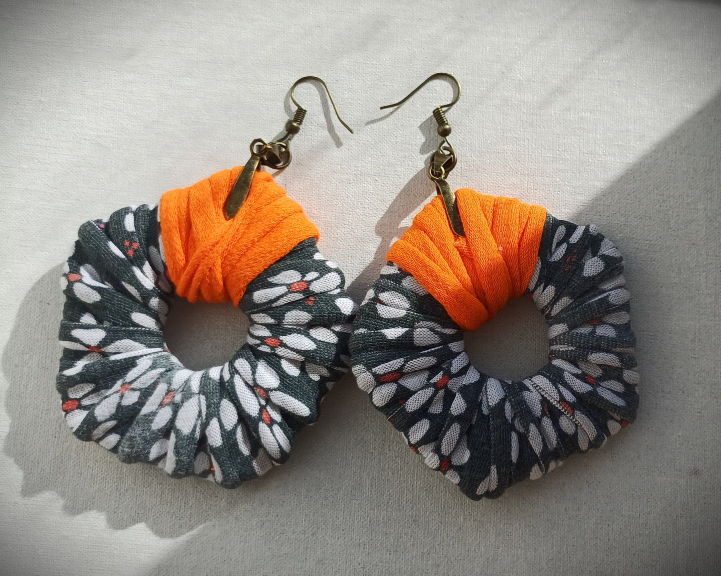Gray Orange Flowery ReviveWeave PentaHoops - Ecofriendly Earrings Upcycled Jewelry
