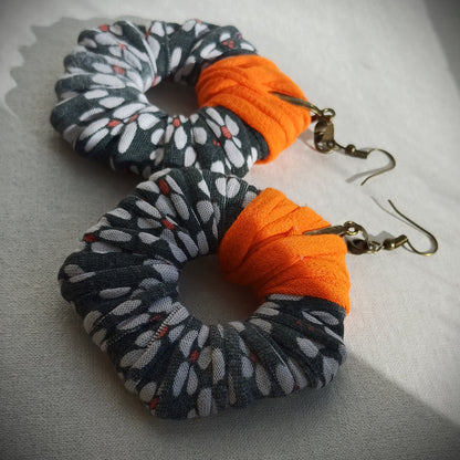 Gray Orange Flowery ReviveWeave PentaHoops - Ecofriendly Earrings Upcycled Jewelry