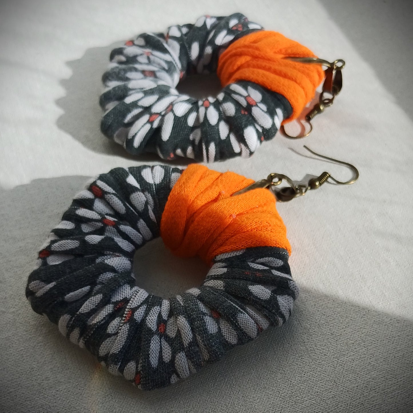 Gray Orange Flowery ReviveWeave PentaHoops - Ecofriendly Earrings Upcycled Jewelry
