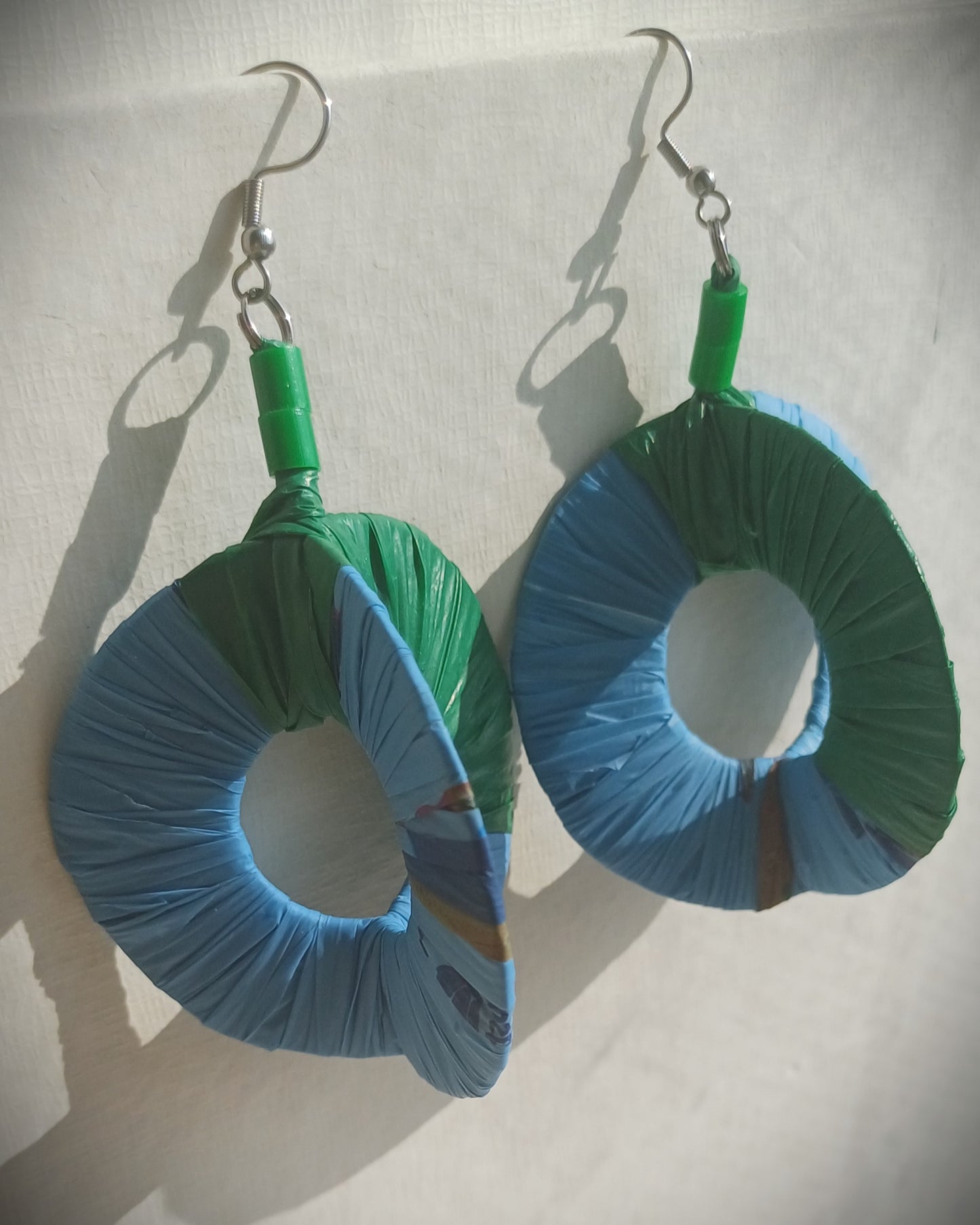 3D Blue & Green Hoops PungaGlow Eco Earrings Upcycled Jewelry