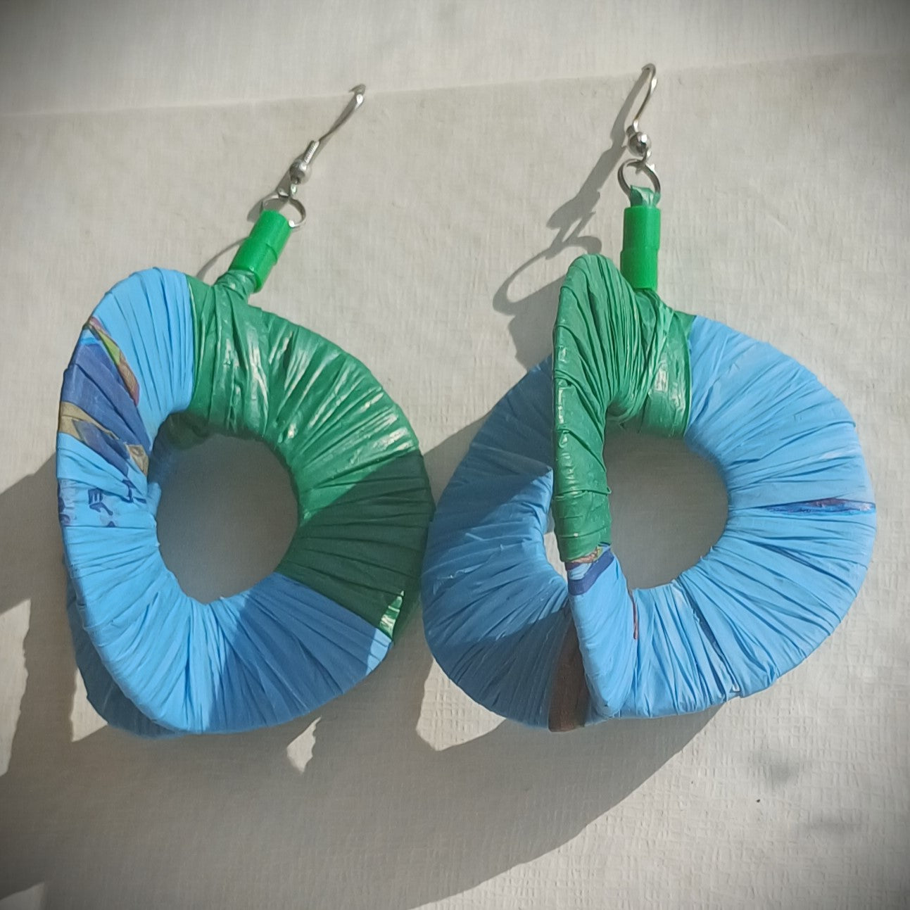 3D Blue & Green Hoops PungaGlow Eco Earrings Upcycled Jewelry