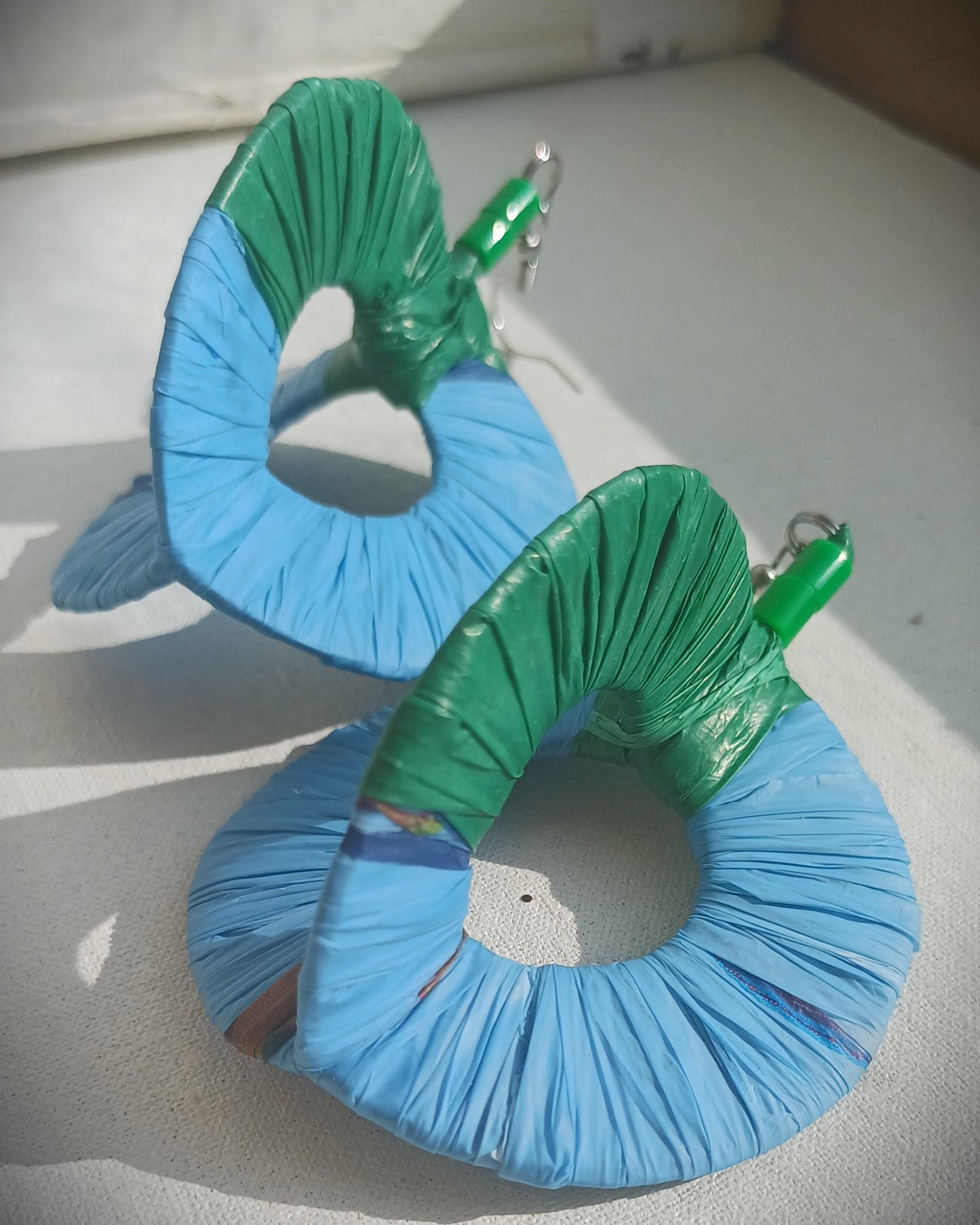 3D Blue & Green Hoops PungaGlow Eco Earrings Upcycled Jewelry