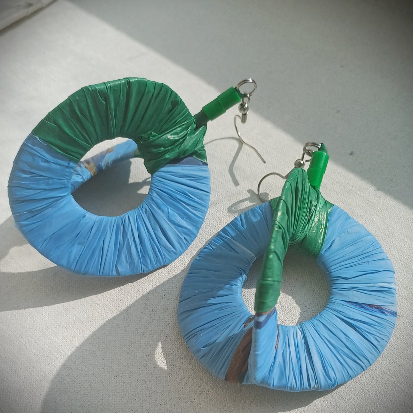 3D Blue & Green Hoops PungaGlow Eco Earrings Upcycled Jewelry