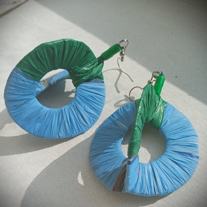 3D Blue & Green Hoops PungaGlow Eco Earrings Upcycled Jewelry