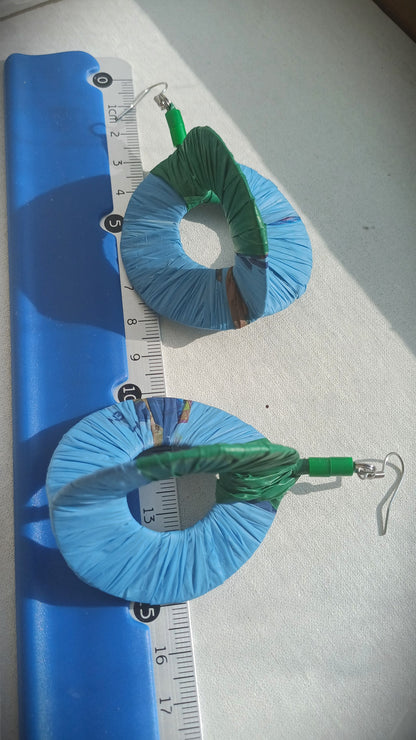 3D Blue & Green Hoops PungaGlow Eco Earrings Upcycled Jewelry