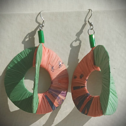 3D Green and Red Hoops PungaGlow Eco Earrings Upcycled Jewelry