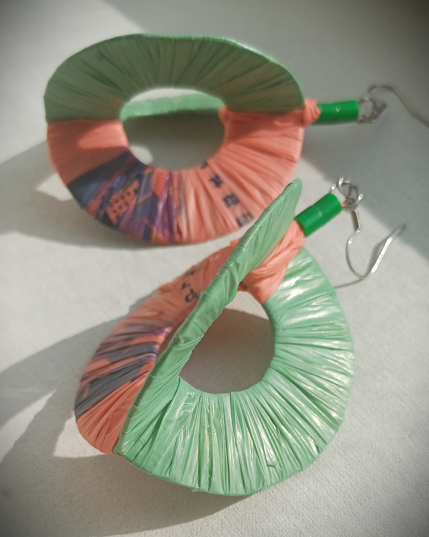 3D Green and Red Hoops PungaGlow Eco Earrings Upcycled Jewelry
