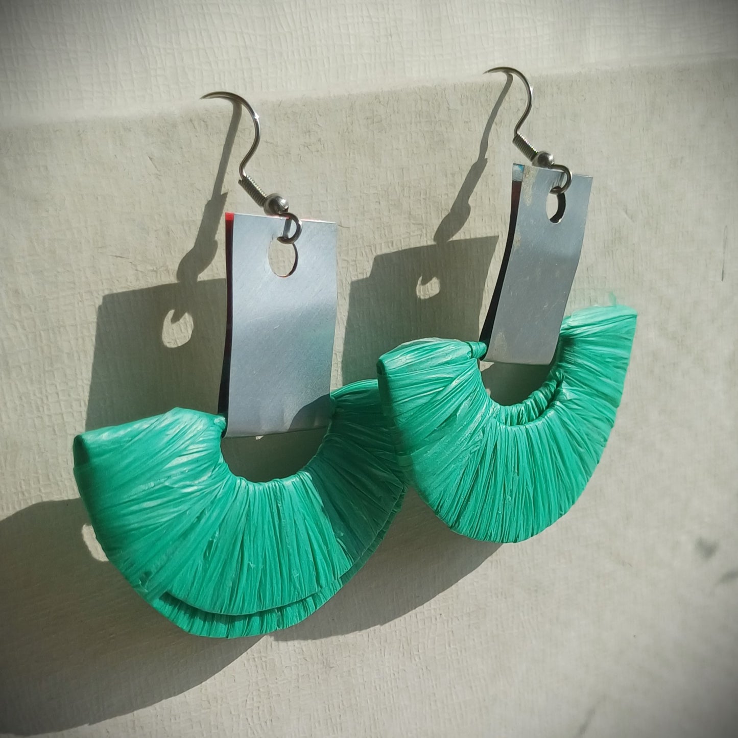 Green and Silver Ecofriendly Earrings From Upcycled Plastic Bags for Sustainable Fashion