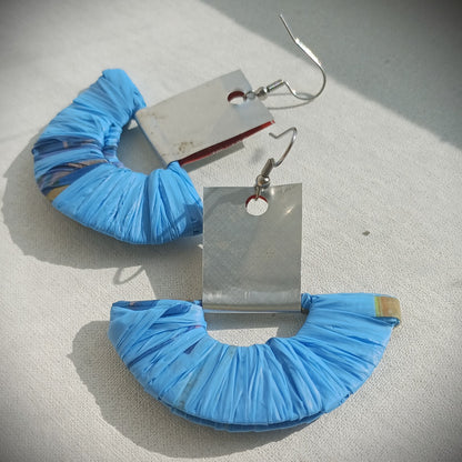 Blue and Silver Ecofriendly Earrings From Upcycled Plastic Bags for Sustainable Fashion